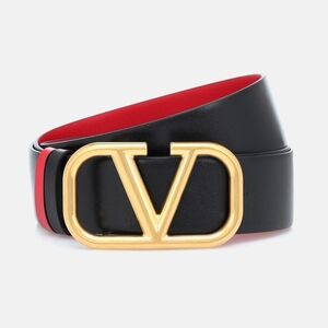 Valentino Garavani Black and Red Belt with Gold VLogo Buckle